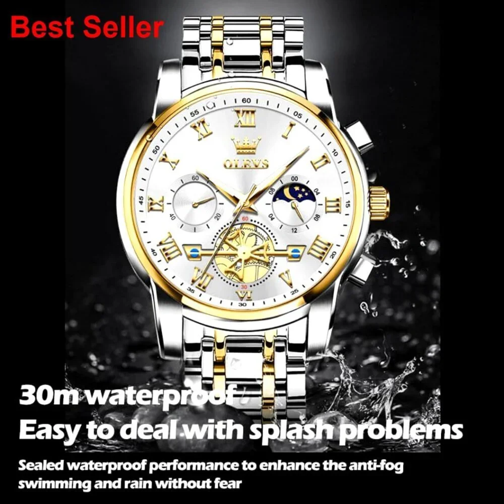 Stainless Steel Waterproof Quartz Watch with Adjustable Bracelet